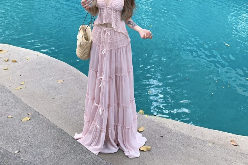 Low Skirt Maxi A-Line Cropped Plain Top Rise Halter V-Neck Set: Asymmetrical +