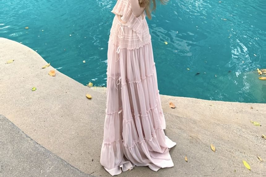 Low Skirt Maxi A-Line Cropped Plain Top Rise Halter V-Neck Set: Asymmetrical +