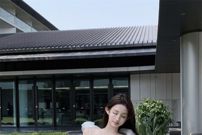 Sundress Mini Plain Mesh Spaghetti Detail Flower Strap