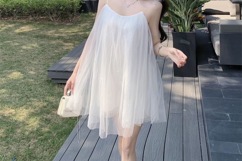 Sundress Mini Plain Mesh Spaghetti Detail Flower Strap