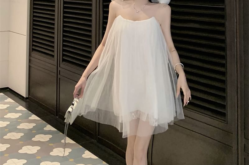 Sundress Mini Plain Mesh Spaghetti Detail Flower Strap