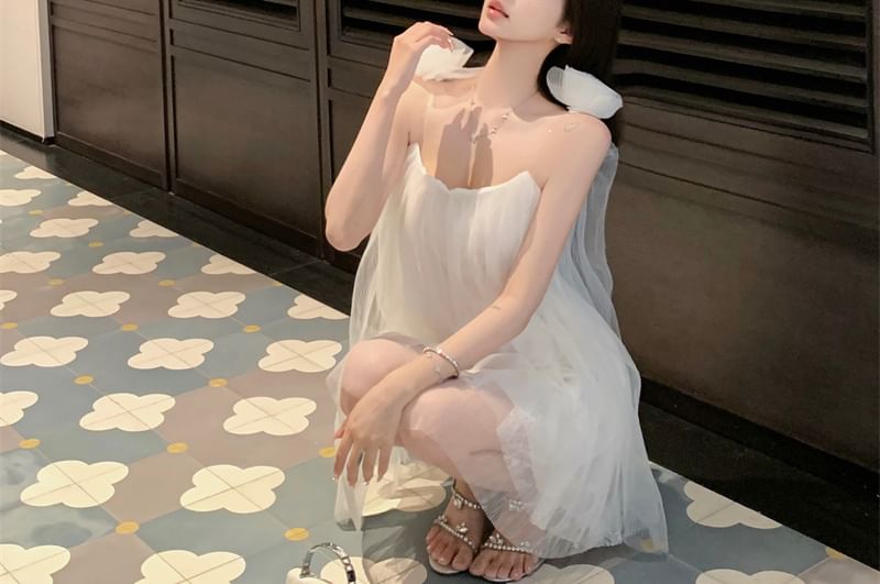 Sundress Mini Plain Mesh Spaghetti Detail Flower Strap