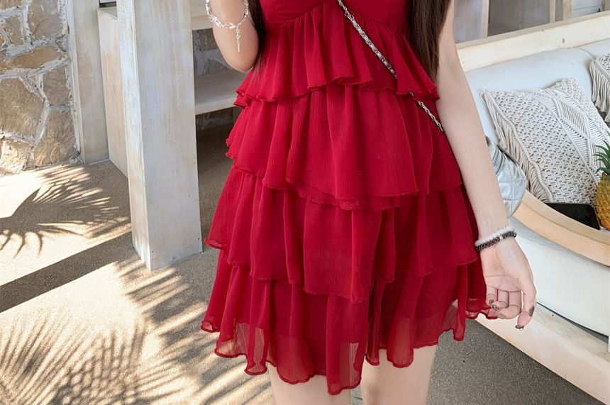 Strap Mini Sundress Spaghetti Ruffle Plain