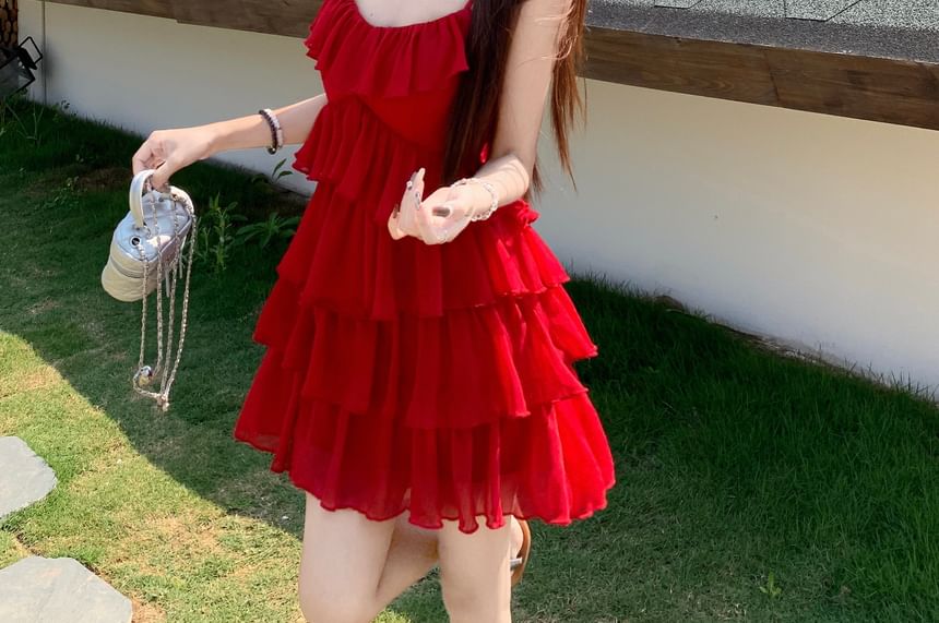 Strap Mini Sundress Spaghetti Ruffle Plain