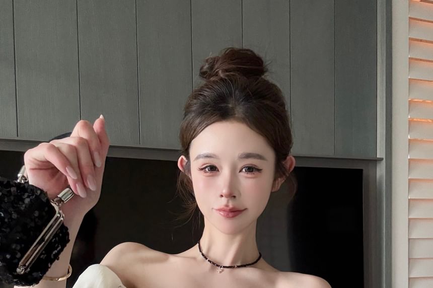 Blouse Puff-Sleeve Plain Off-Shoulder Rhinestone Bow