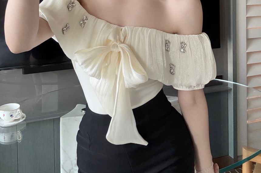 Blouse Puff-Sleeve Plain Off-Shoulder Rhinestone Bow