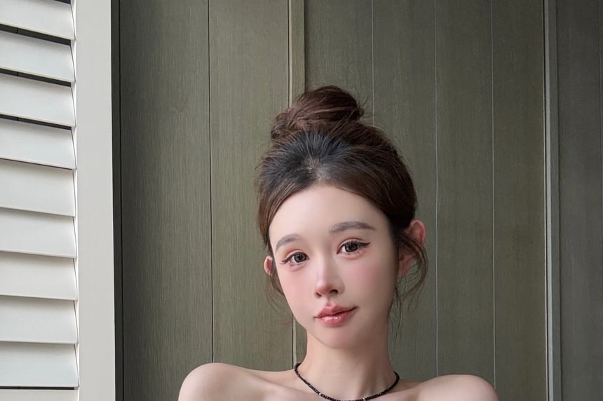 Blouse Puff-Sleeve Plain Off-Shoulder Rhinestone Bow