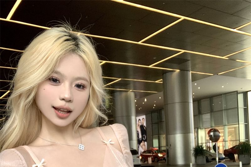 T-Shirt Panel Edge Lettuce Plain V-Neck Long-Sleeve Mesh Mock Two-Piece