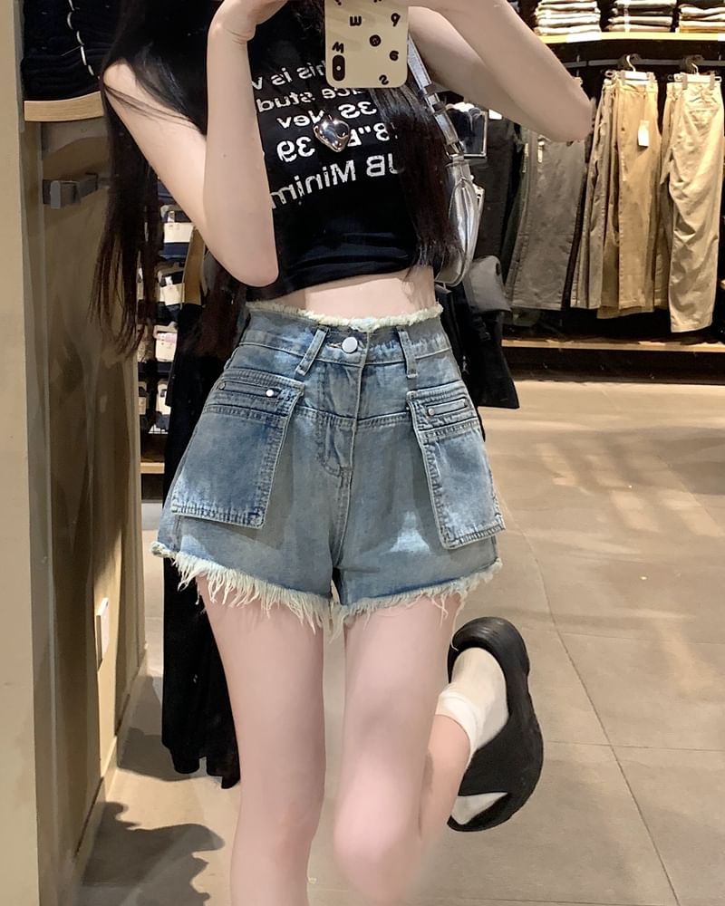 Waist Fringed Hot Washed Pants Denim High Trim