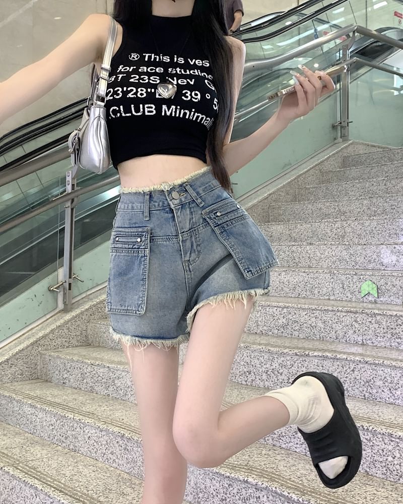 Waist Fringed Hot Washed Pants Denim High Trim