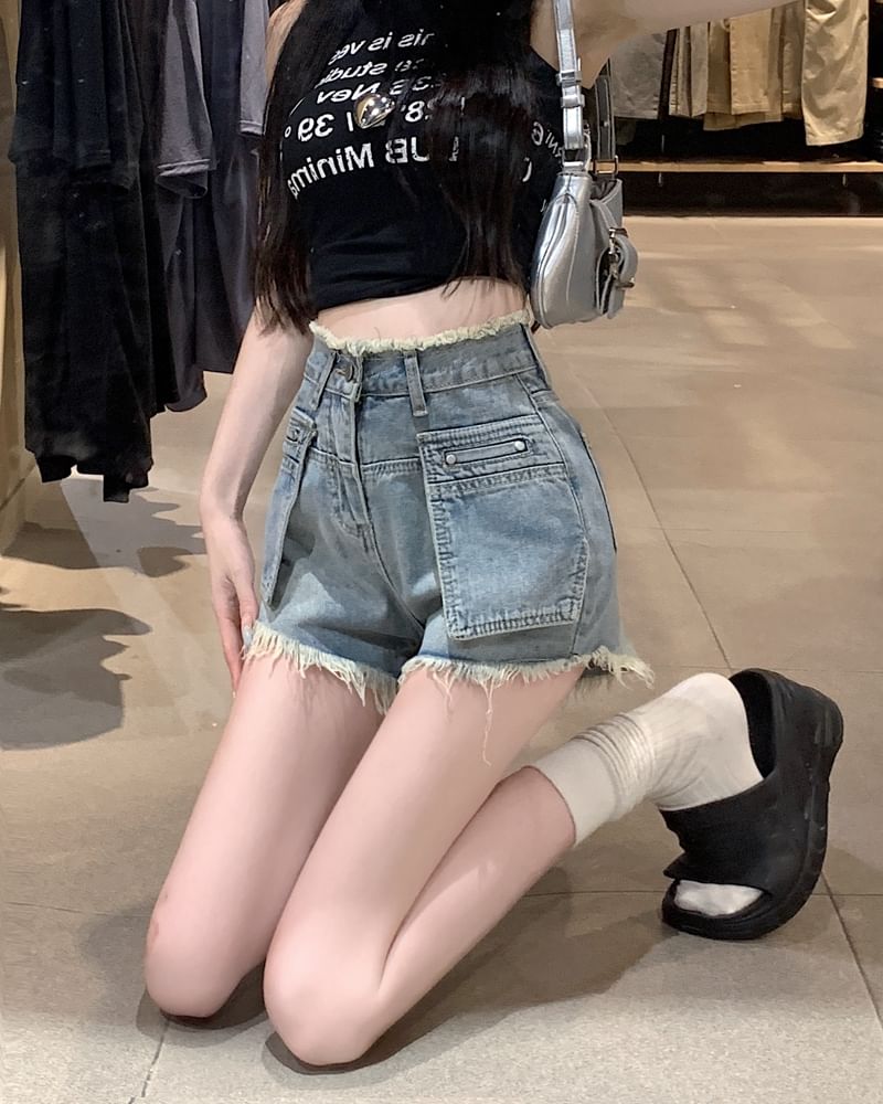 Waist Fringed Hot Washed Pants Denim High Trim