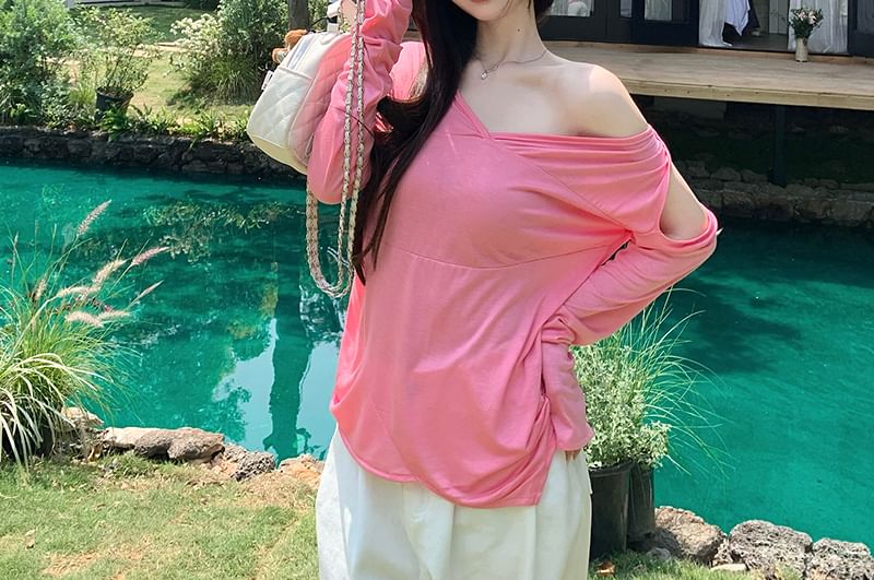 Plain Long-Sleeve Asymmetrical T-Shirt One-Shoulder