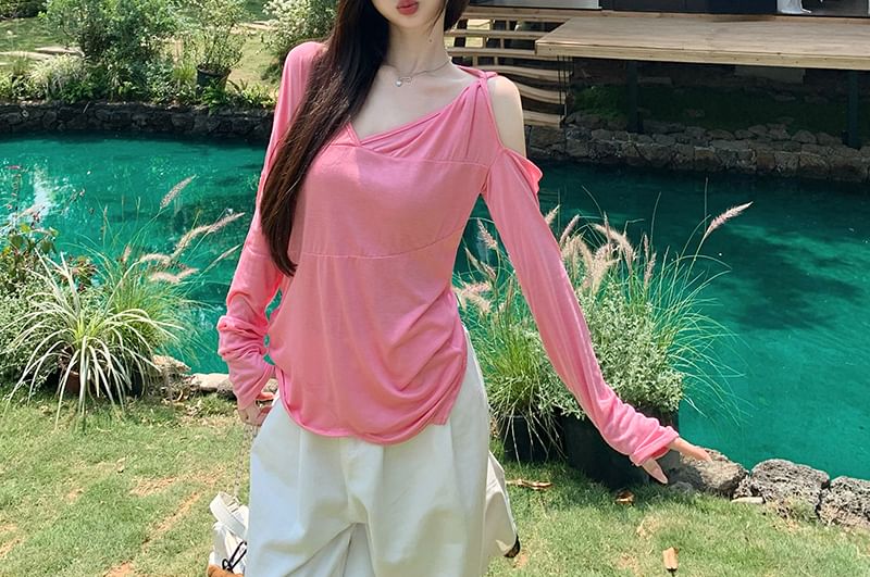 Plain Long-Sleeve Asymmetrical T-Shirt One-Shoulder