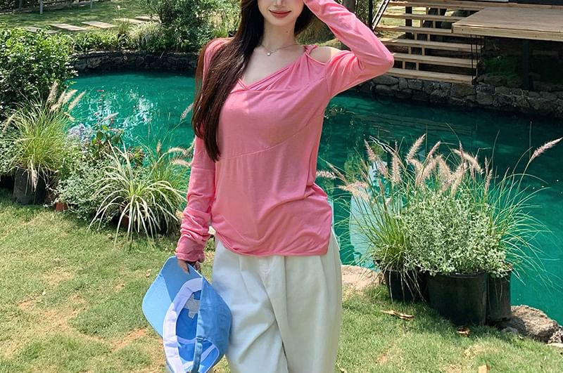 Plain Long-Sleeve Asymmetrical T-Shirt One-Shoulder