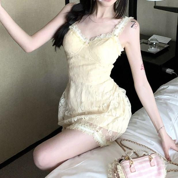 Mini Strap Lace Dress Floral Bodycon Spaghetti