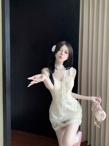 Mini Strap Lace Dress Floral Bodycon Spaghetti