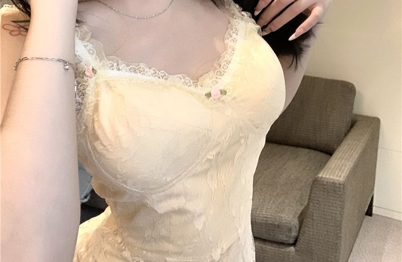 Mini Strap Lace Dress Floral Bodycon Spaghetti