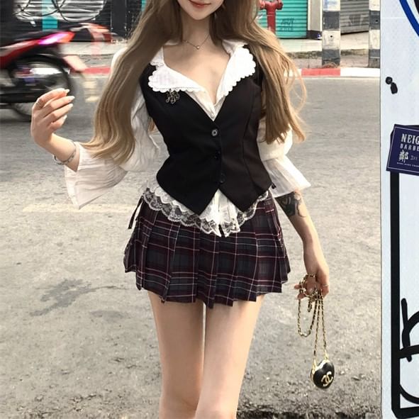 Puff-Sleeve / Blouse Skirt Mini Lace Cami Button-Up A-Line High Striped Top Waist Pleated Plaid Plain Trim