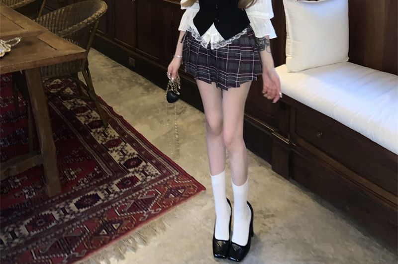 Puff-Sleeve / Blouse Skirt Mini Lace Cami Button-Up A-Line High Striped Top Waist Pleated Plaid Plain Trim