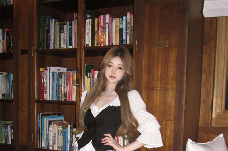 Puff-Sleeve / Blouse Skirt Mini Lace Cami Button-Up A-Line High Striped Top Waist Pleated Plaid Plain Trim