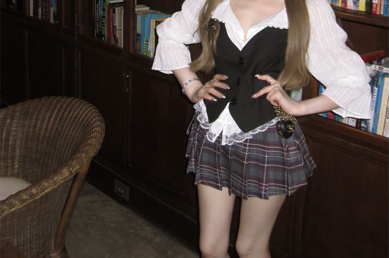 Puff-Sleeve / Blouse Skirt Mini Lace Cami Button-Up A-Line High Striped Top Waist Pleated Plaid Plain Trim