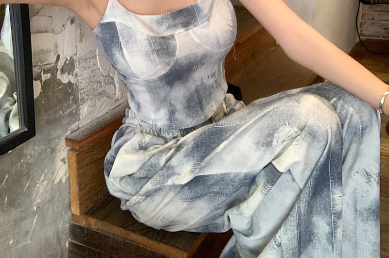 Wide Tie Cropped Top Waist Neck Drawstring Pants Leg Scoop Dye / Camisole