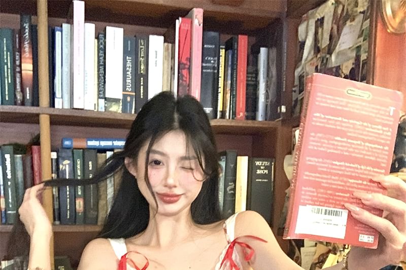 Plaid Spaghetti Dress Mini Trim Lace Bow Strap Bodycon