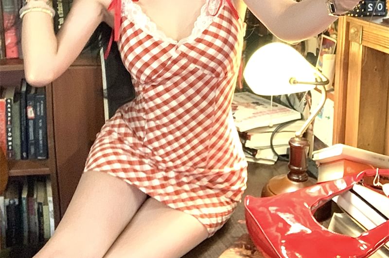 Plaid Spaghetti Dress Mini Trim Lace Bow Strap Bodycon
