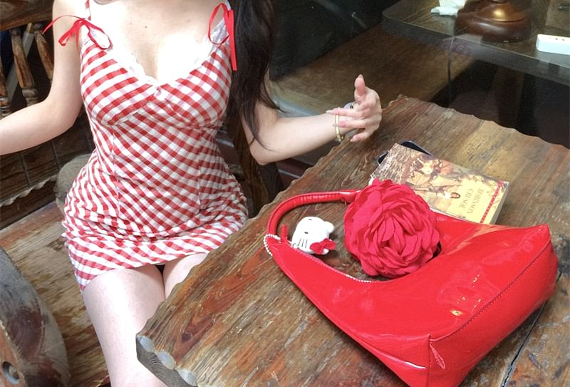 Plaid Spaghetti Dress Mini Trim Lace Bow Strap Bodycon