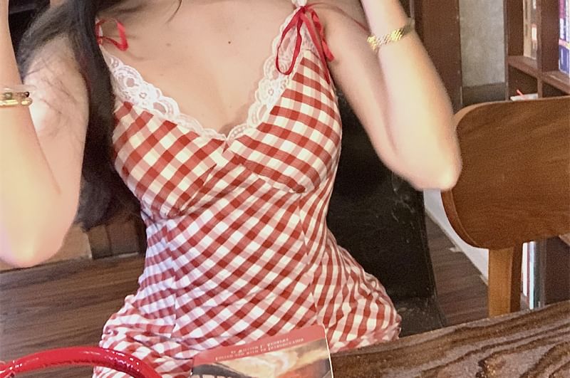 Plaid Spaghetti Dress Mini Trim Lace Bow Strap Bodycon