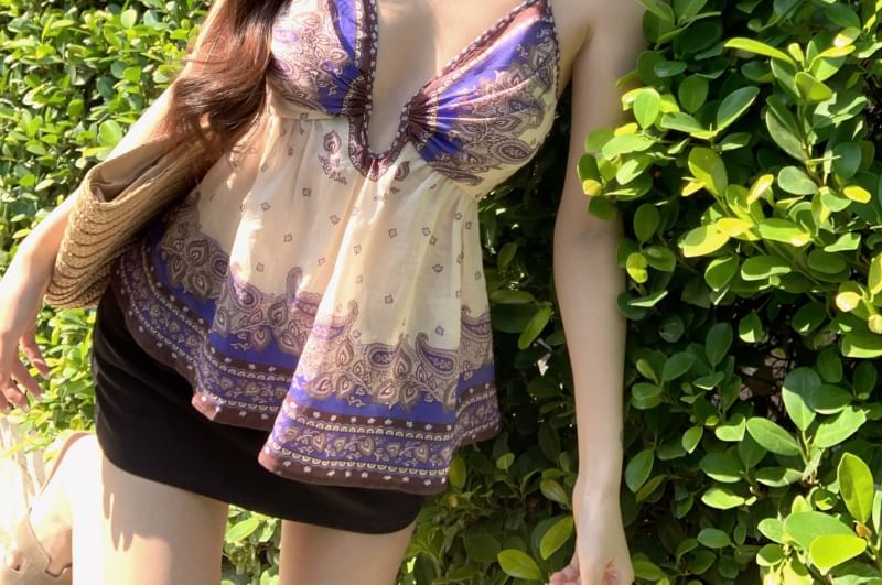 Top Camisole Peplum Print V-Neck Paisley
