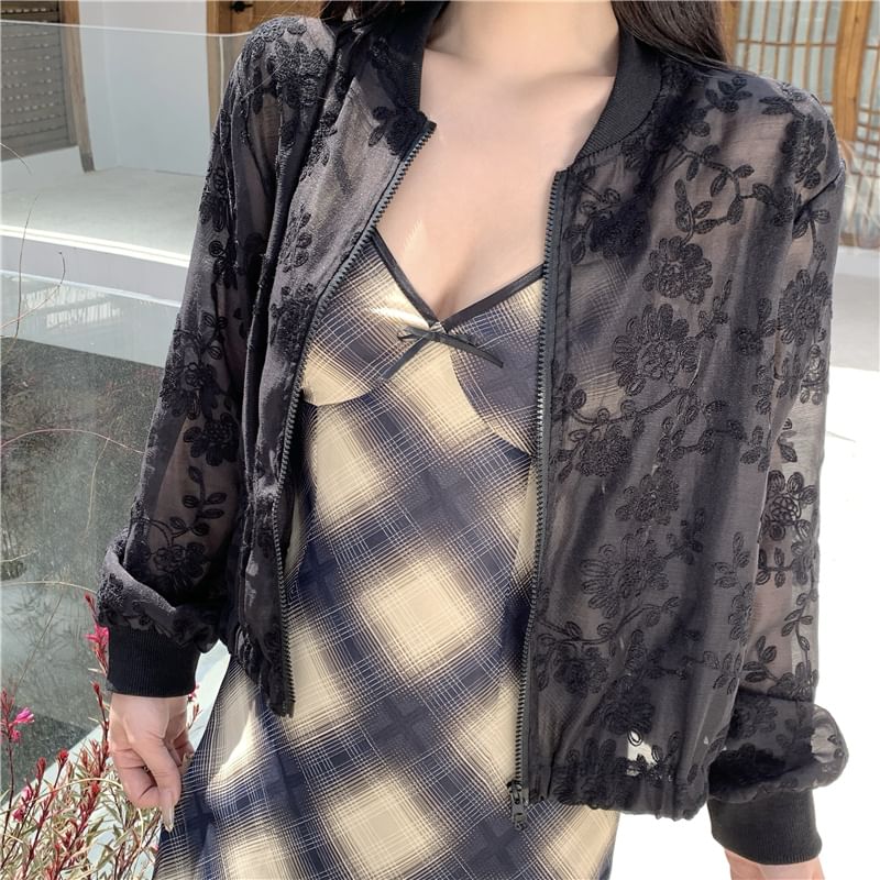 Flower Zip Sheer Jacket Embroidered