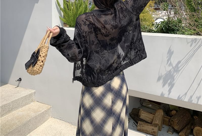 Flower Zip Sheer Jacket Embroidered