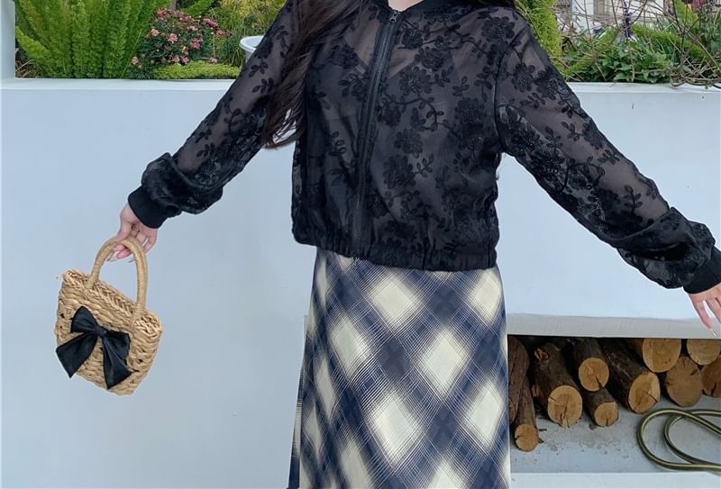 Flower Zip Sheer Jacket Embroidered