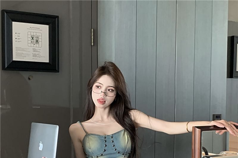 Mini Studded Top Washed Skirt Rise Plain Cami / Denim Asymmetrical A-Line High