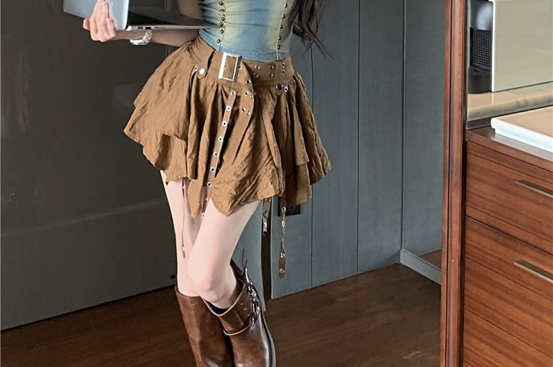 Mini Studded Top Washed Skirt Rise Plain Cami / Denim Asymmetrical A-Line High