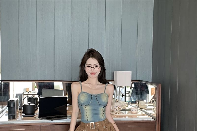 Mini Studded Top Washed Skirt Rise Plain Cami / Denim Asymmetrical A-Line High