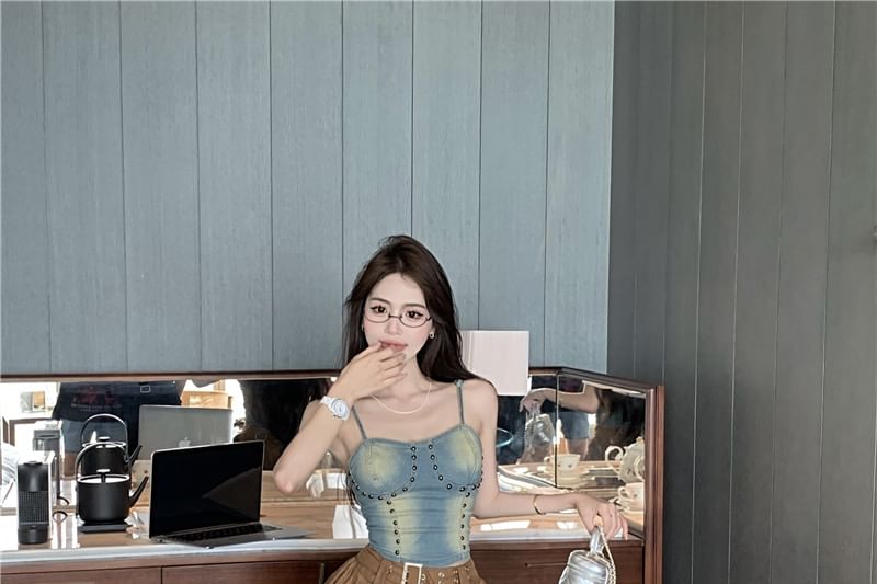 Mini Studded Top Washed Skirt Rise Plain Cami / Denim Asymmetrical A-Line High