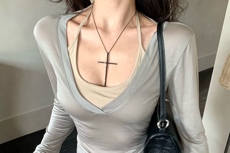 Neck Plain Top Long-Sleeve / Halter V-Neck Tee Scoop