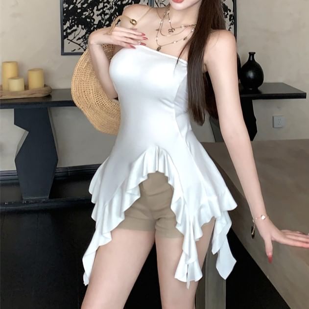 Asymmetrical Plain Strapless Ruffle Top