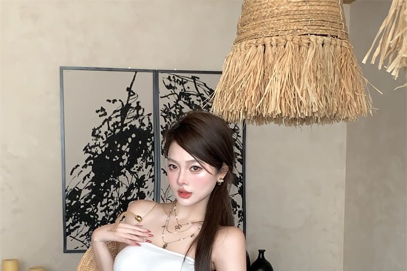 Asymmetrical Plain Strapless Ruffle Top