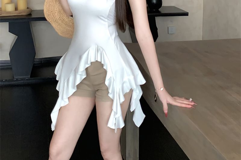 Asymmetrical Plain Strapless Ruffle Top