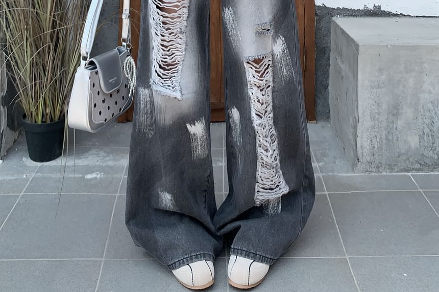 Wide Splash Jeans Distressed Print Leg High Waist Washed