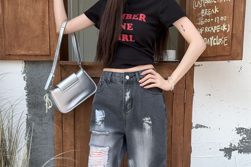 Wide Splash Jeans Distressed Print Leg High Waist Washed