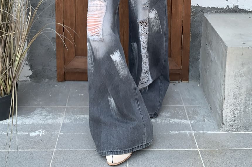 Wide Splash Jeans Distressed Print Leg High Waist Washed