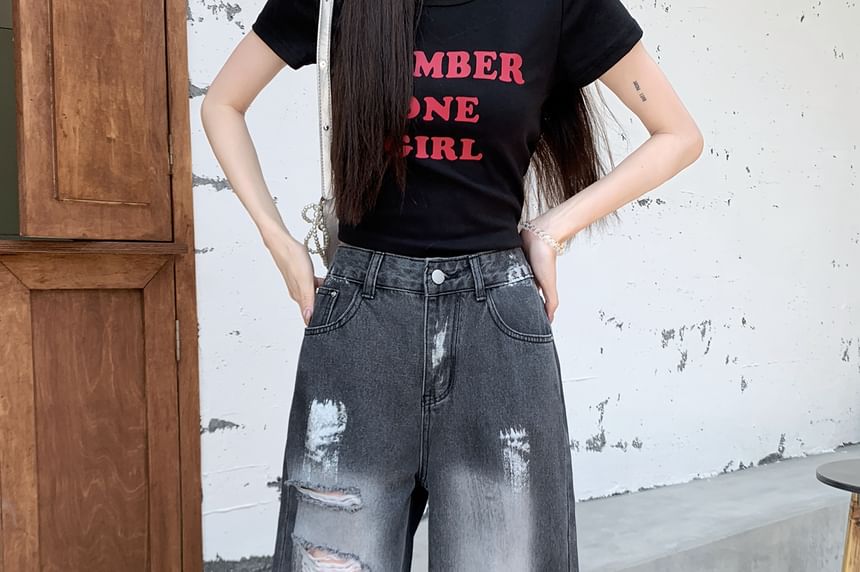 Wide Splash Jeans Distressed Print Leg High Waist Washed