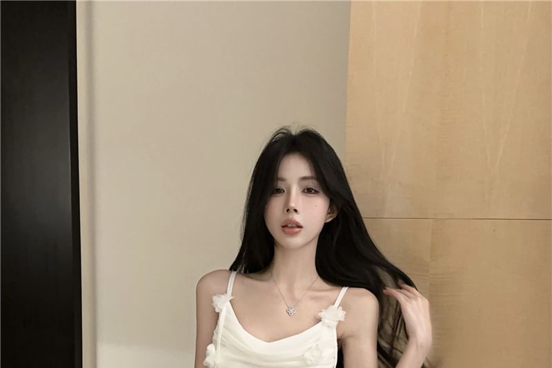 Maxi Plain Strap Ruched Spaghetti Detail Dress Flower Mermaid Side-Slit