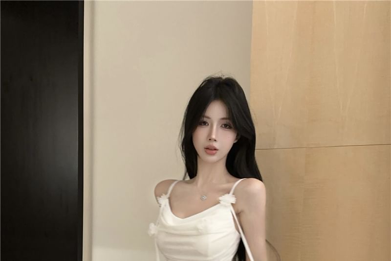 Maxi Plain Strap Ruched Spaghetti Detail Dress Flower Mermaid Side-Slit