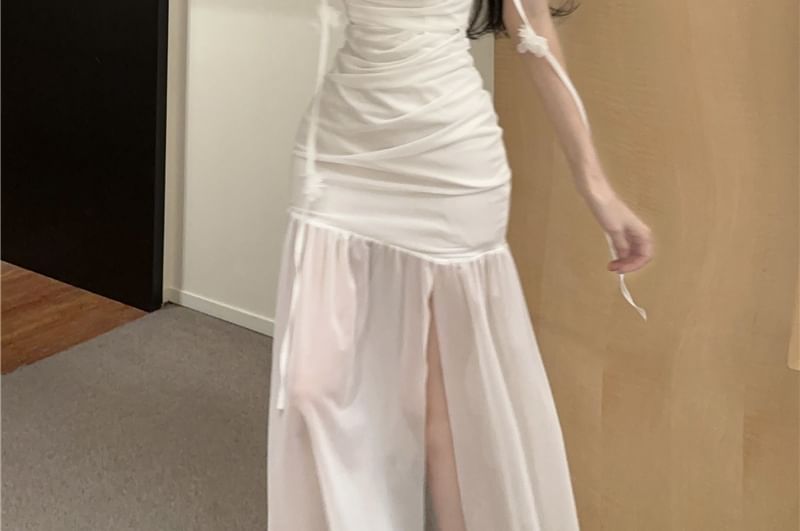 Maxi Plain Strap Ruched Spaghetti Detail Dress Flower Mermaid Side-Slit