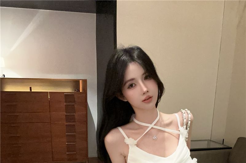 Maxi Plain Strap Ruched Spaghetti Detail Dress Flower Mermaid Side-Slit